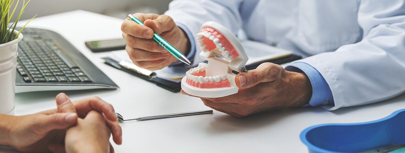 a dental surgeon demonstrating the plans for an operation on a model pair of teeth